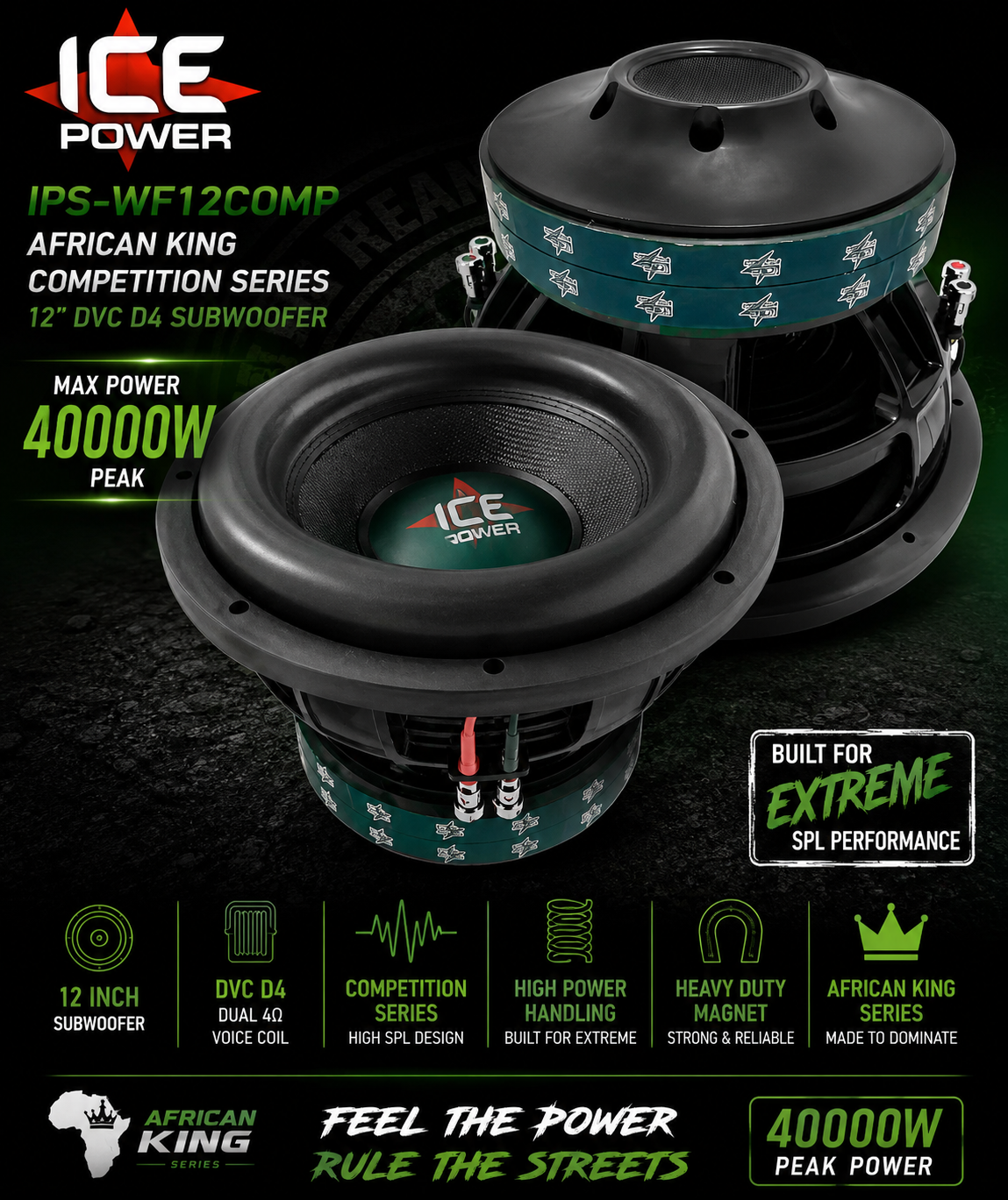 Ice Power IPS-WF12COMP 12″ African King Competition Series DVC D4 Subwoofer 40000W