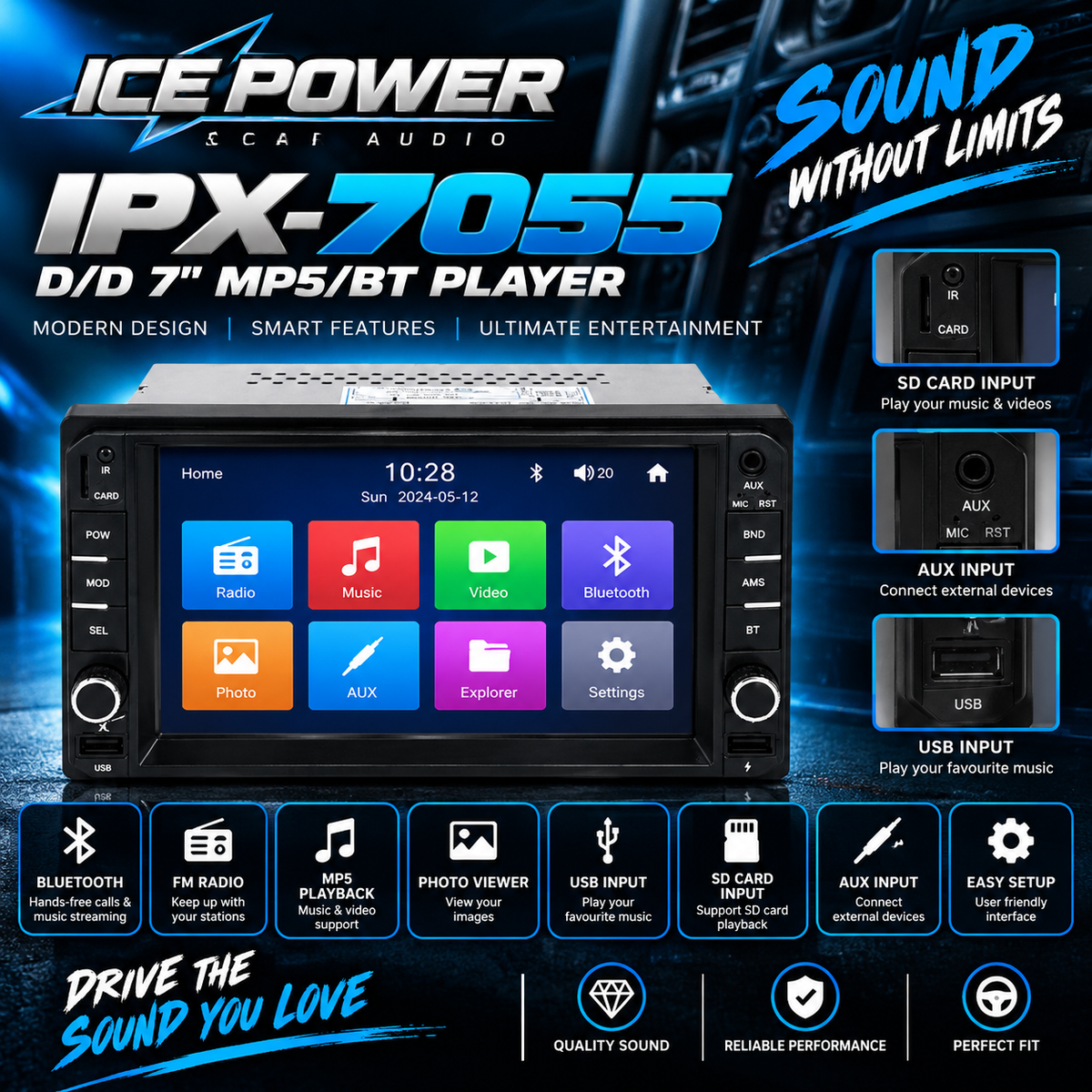 ICE POWER IPX-7055 D/D 7" MP5/BT Player