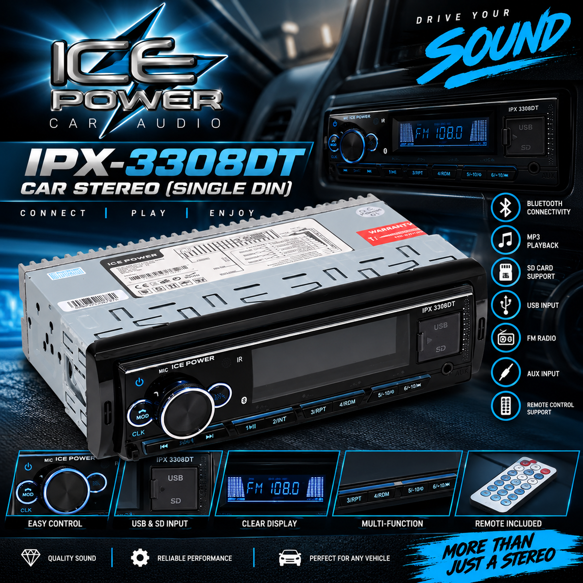 Ice Power IPX-3308DT Car Stereo  (Single Din)