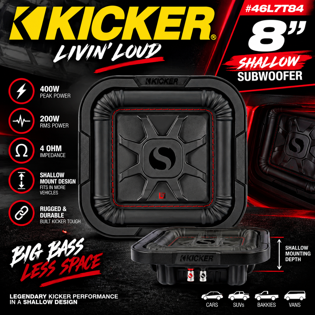 Kicker 46L7T84 8inch 4ohm Shallow Subwoofers