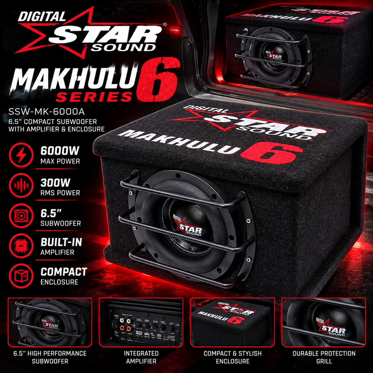 Starsound SSW-MK-6000A Makhulu Series 6.5″ 6000w/300rms Compact Subwoofer with Amplifier & Enclosure