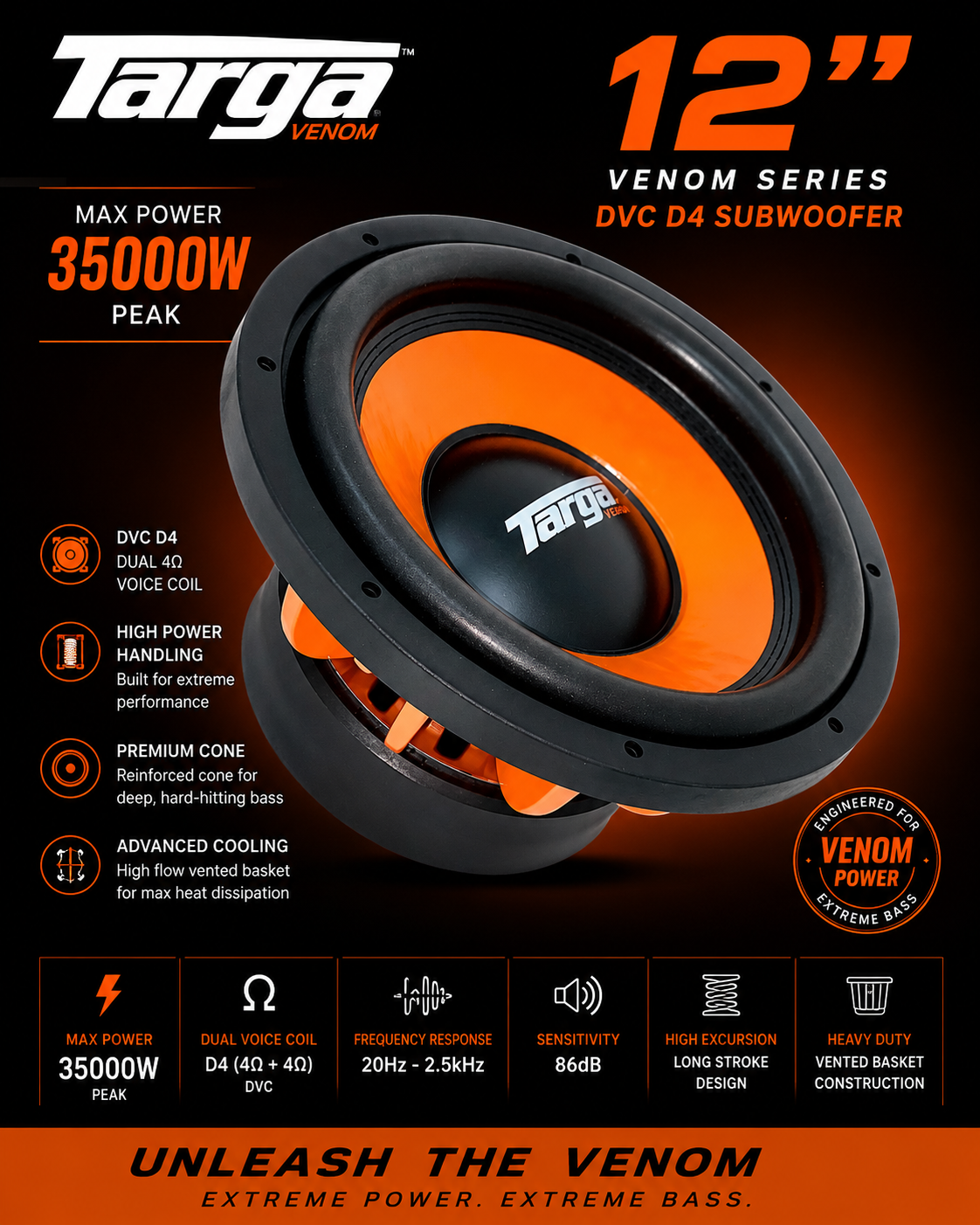 Targa 12" Venom Series DVC D4 Subwoofer - (35000W)