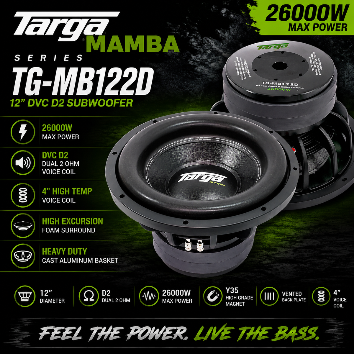 Targa TG-MB122D Mamba Series 12″ DVC D2 Subwoofer (26000W)